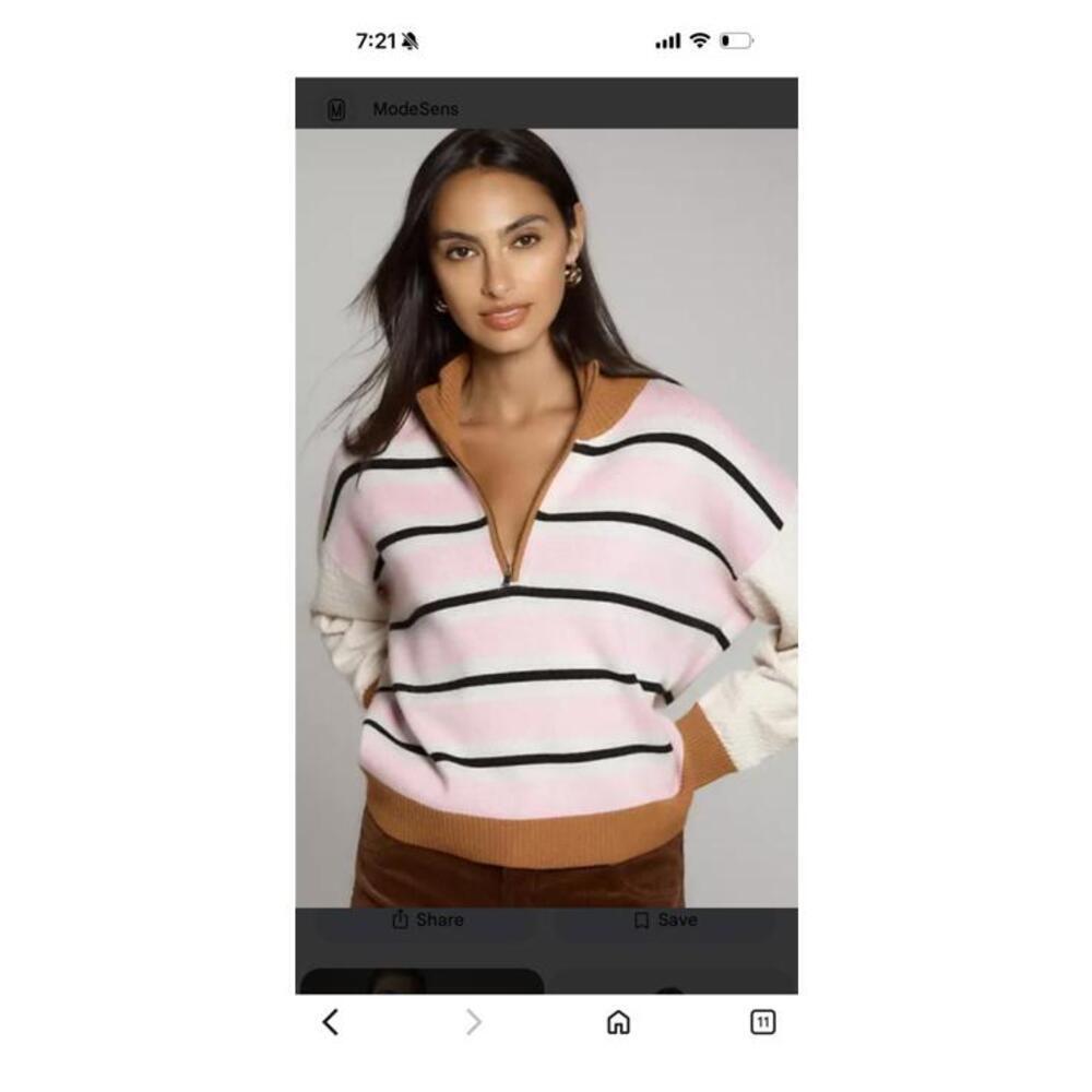 Maeve Montana Striped Half-Zip Pullover Sweater Contrast Ribbed Collar & Cuffs S